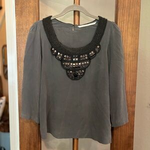 SILK!! Twelfth Street by Cynthia Vincent Grey Silk Beaded Top- Size 6